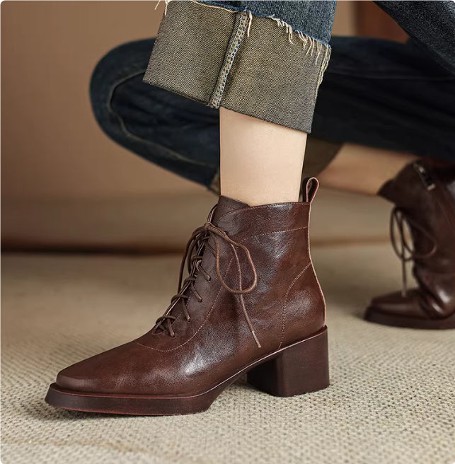 Retro Brown Leather Lace-up Boots
