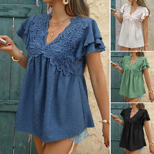 Women's Casual Loose-fit V-neck Short-sleeve Shirt