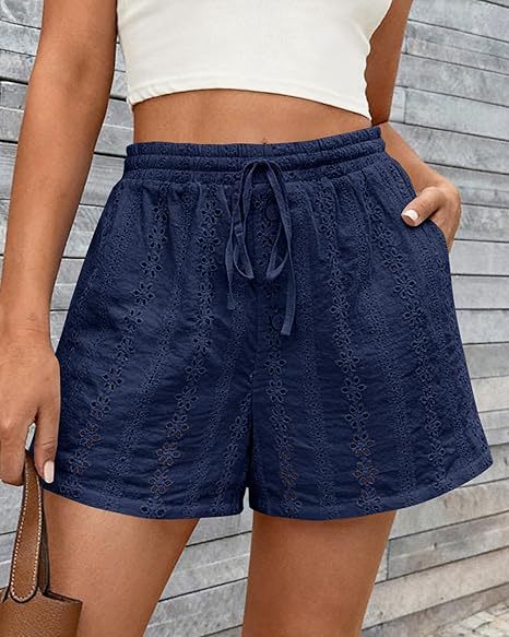 Solid Color Elastic Waist Drawstring Beach Shorts For Women