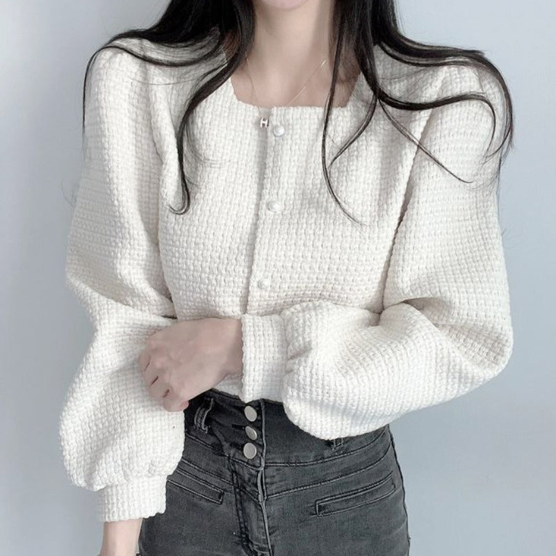 French Style Square Neck Pearl Button Puff Sleeve Jacket