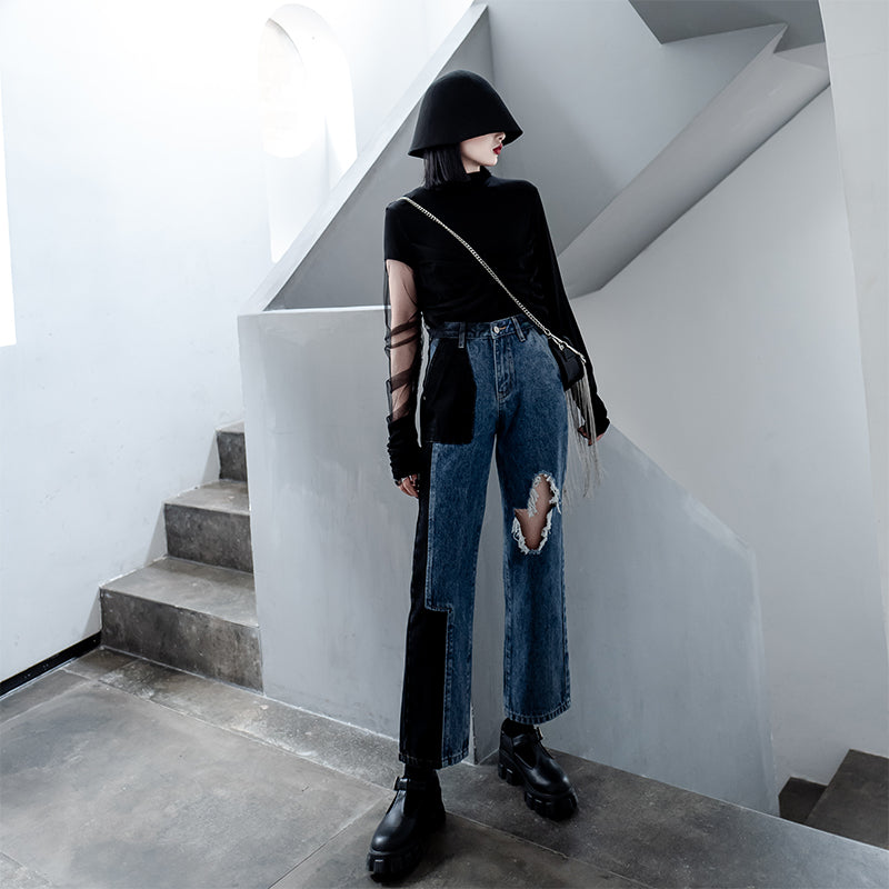 Spring And Autumn Ripped Straight-leg Jeans