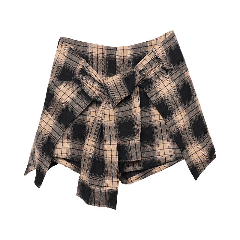 High waist plaid irregular shorts