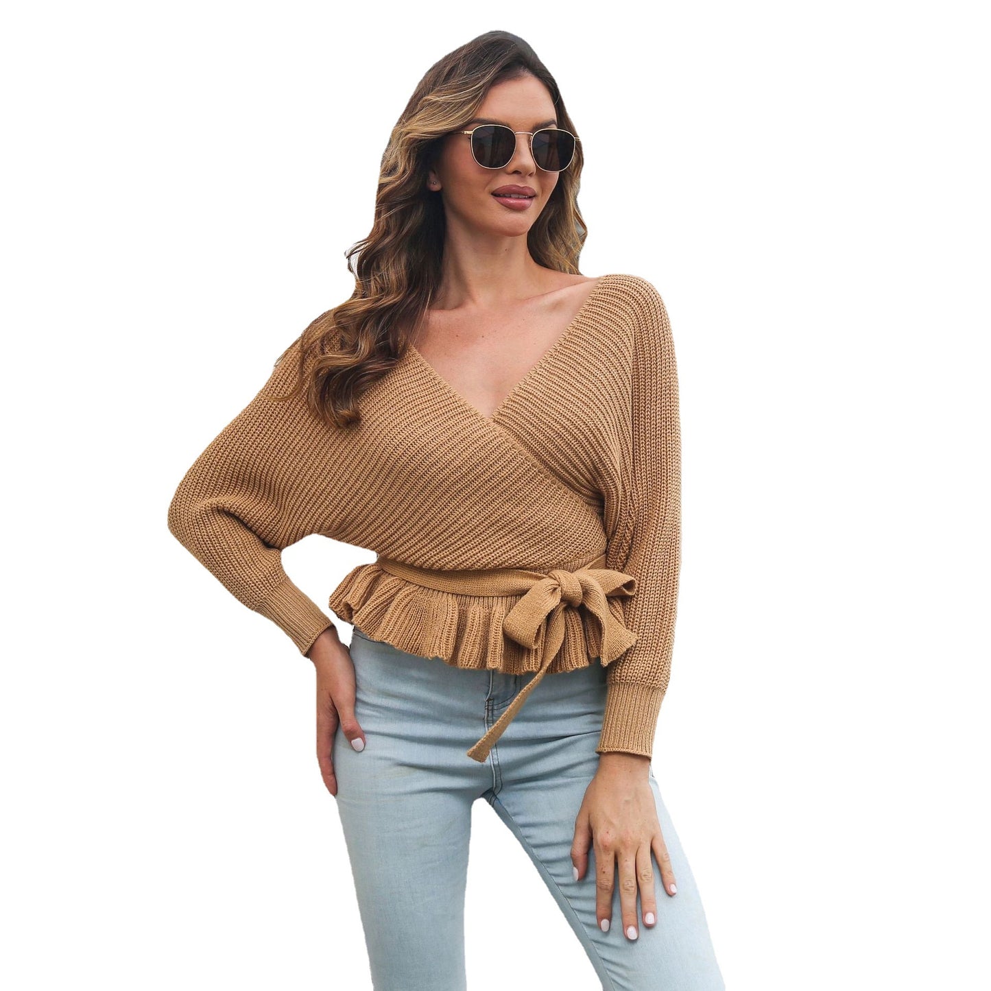 Ruffled Tied Wrapped Sweater Women's Loose Long Sleeve