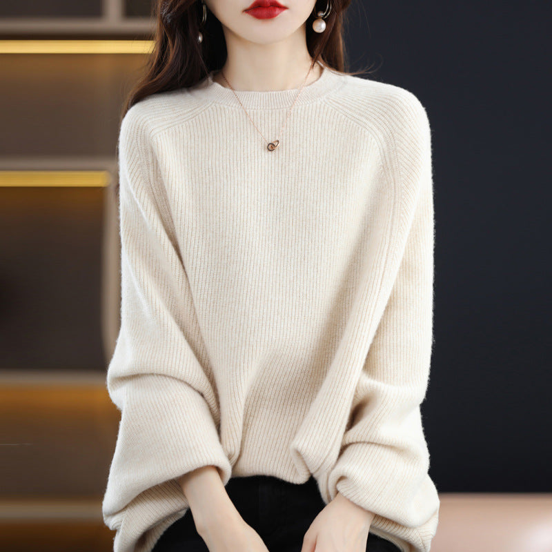 Solid Color Wool Sweater Women's All-match Round Neck Raglan Shawl Pullover