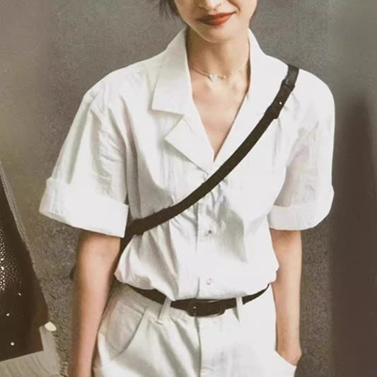 Retro White Cotton And Linen Short-sleeved Shirt For Women