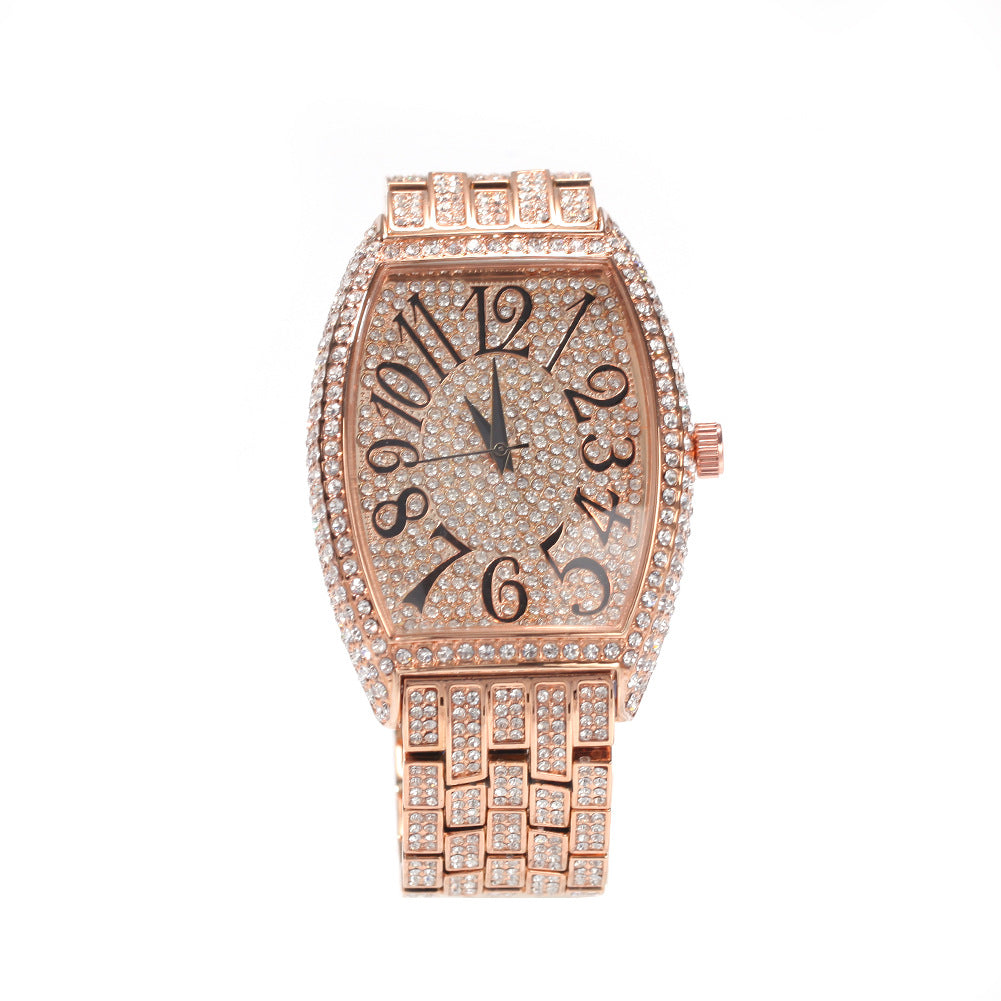 Large tonneau-shaped dial with full diamonds