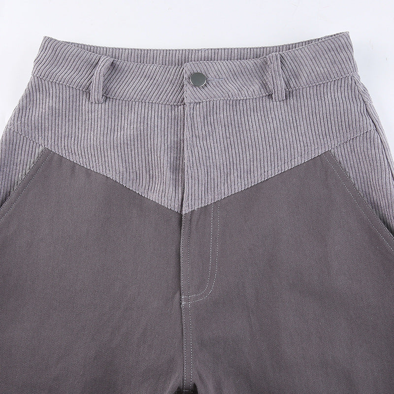 Corduroy Stitching Contrast Waist Straight-leg Pants