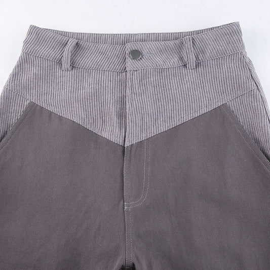 Corduroy Stitching Contrast Waist Straight-leg Pants