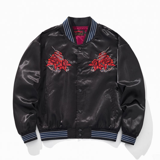 Embroidered Rose Blue Raven Casual Baseball Jacket