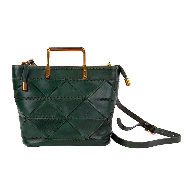 Geometric Stitched Cowhide Women's Bag Work Commute Literary Handbag