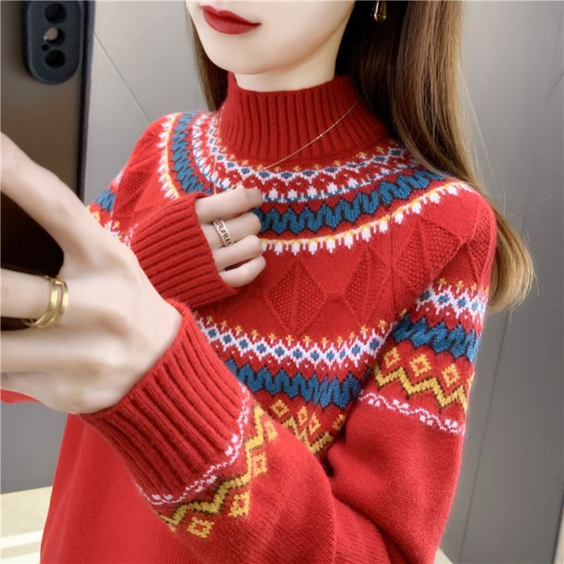 Autumn And Winter Blue Pullover Mock Neck Sweater Women's New Loose