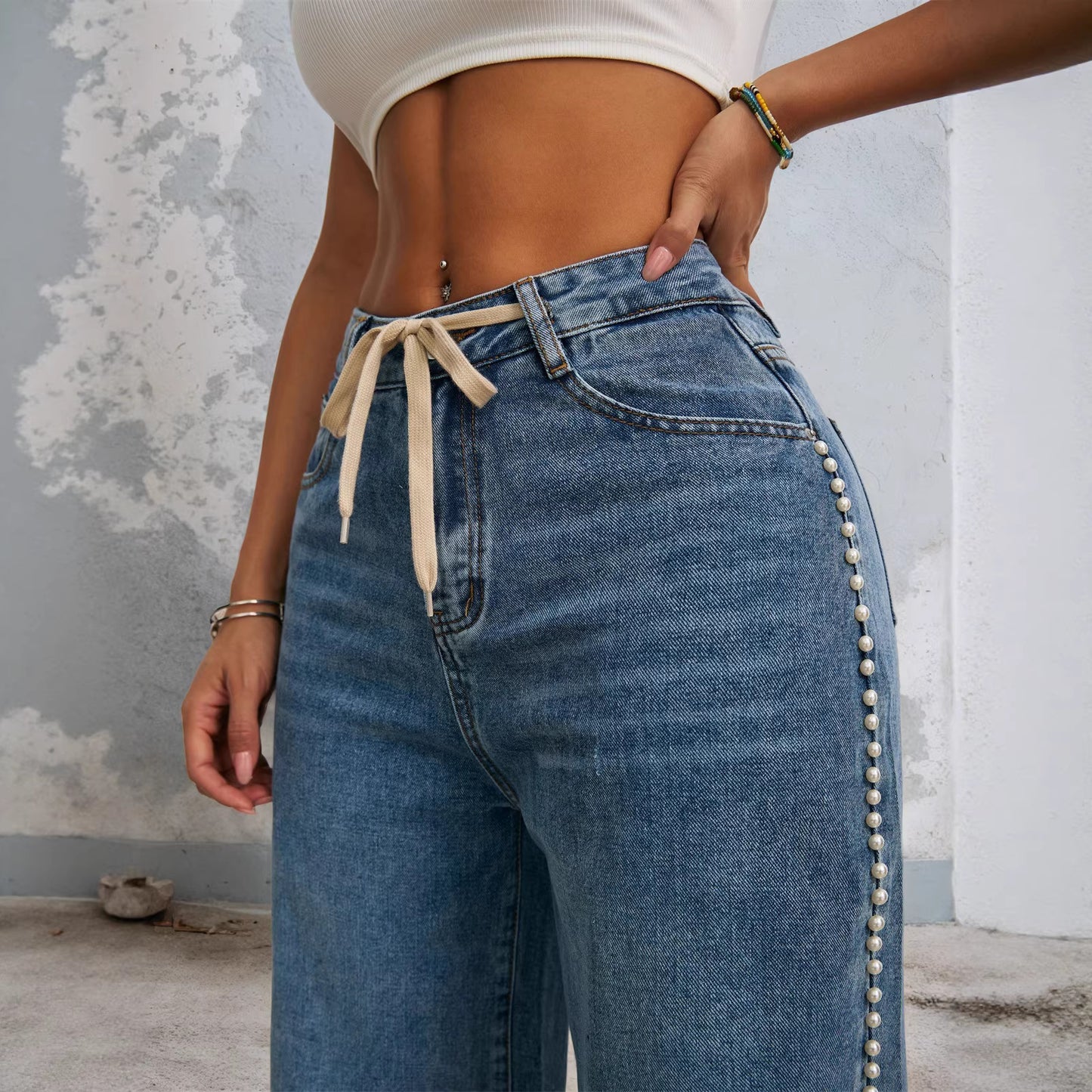 Drawstring High-Waisted Retro Wide-Leg Denim Jeans For Women