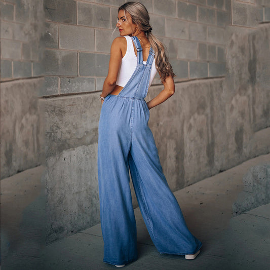 Women's Solid Color Casual Loose Hole Denim Suspender Pants
