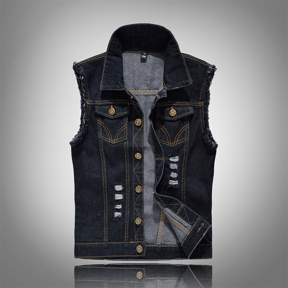 Black Denim Vest Men's Waistcoat Waistcoat Large Size Ripped Vest