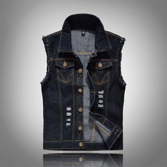 Black Denim Vest Men's Waistcoat Waistcoat Large Size Ripped Vest