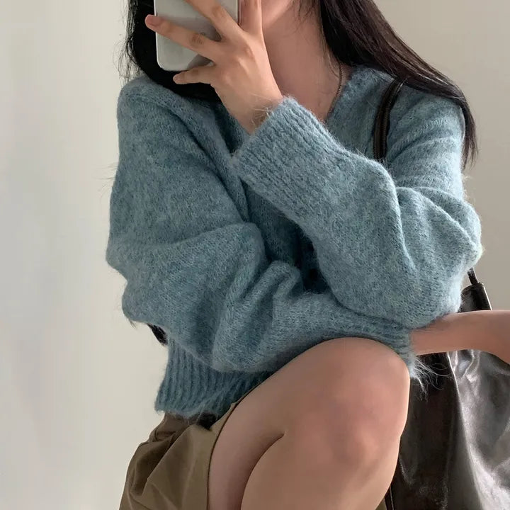 Retro V-neck Mixed Cashmere Long-sleeved Knitted Sweater Coat