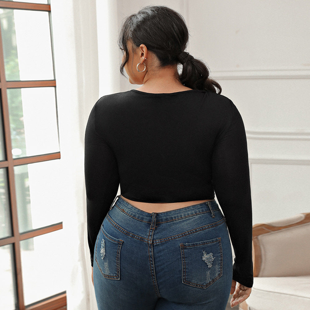 Dame Sexet V-hals High-end Sort Langærmet Slim-fit Kort Top
