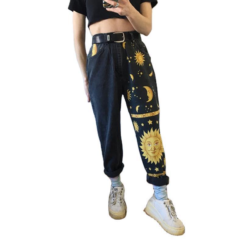 Digital printed straight-leg pants hipster trousers jeans