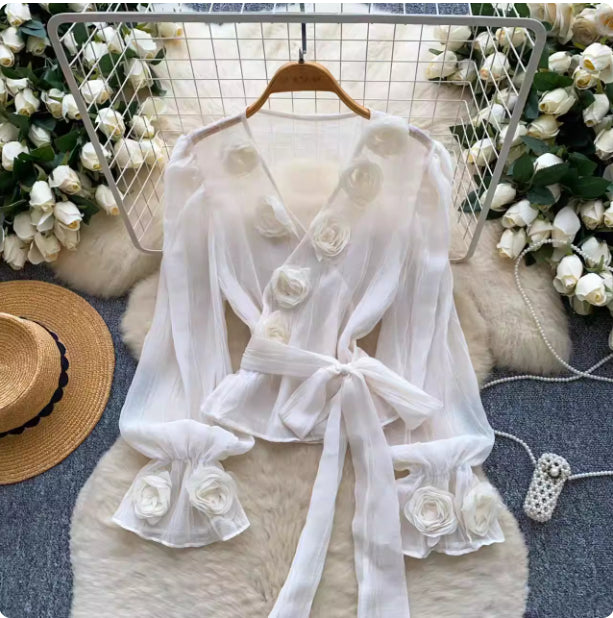 French-style Soft-aura Blouse With Flared Sleeves And 3D Floral Detailinglightweight And Delicate