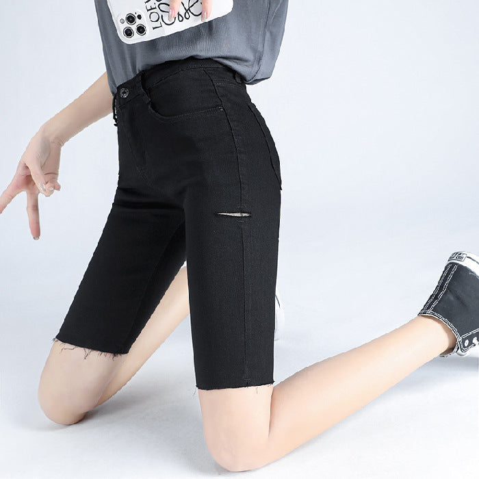 Simple Temperament Trendy With Denim Five-point Pants Women's Tight-fitting