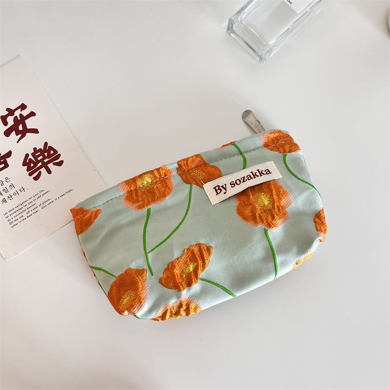French Relief Flower Makeup Simple Portable Handbag Casual Mobile Phone Handheld Bag