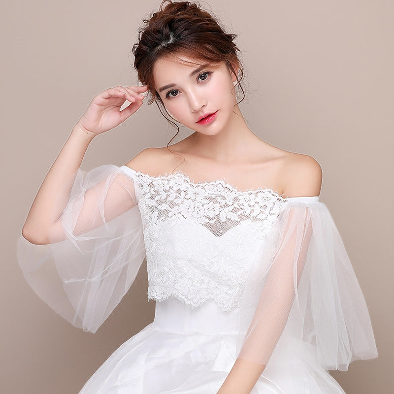 One-shoulder lace bride shawl