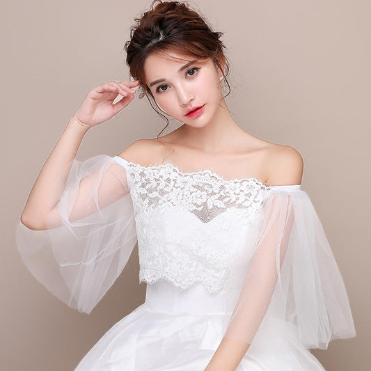 One-shoulder lace bride shawl