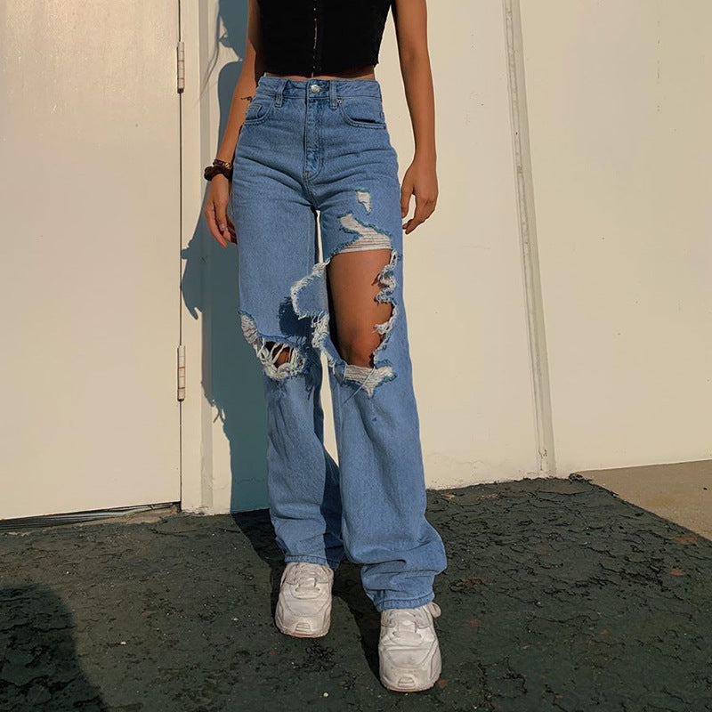 Denim Straight High Waist Pocket Loose Casual Pants