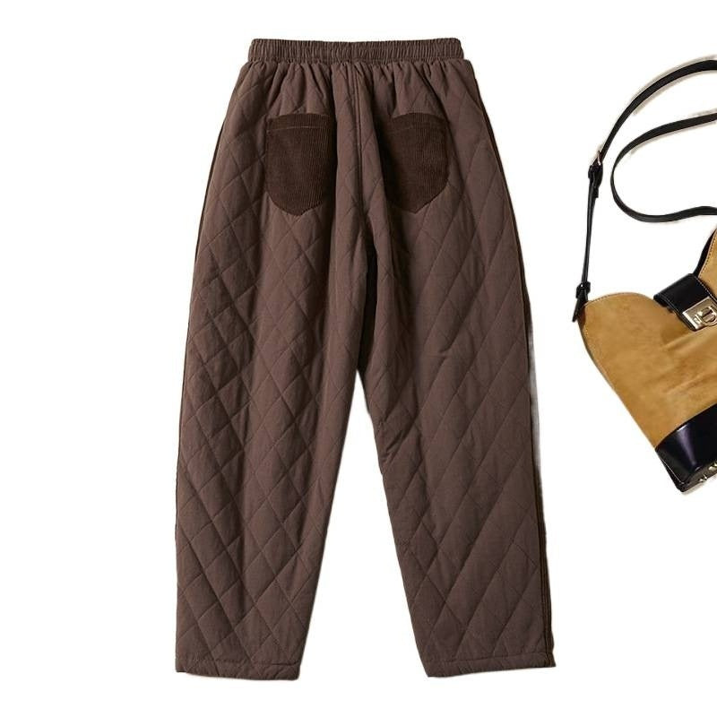 Womens Retro Diamond-Quilted Elastic-Waist Thermal Pants