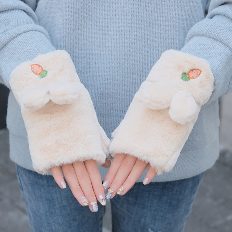 Gloves autumn and winter female cute Japanese fingerless half finger plush