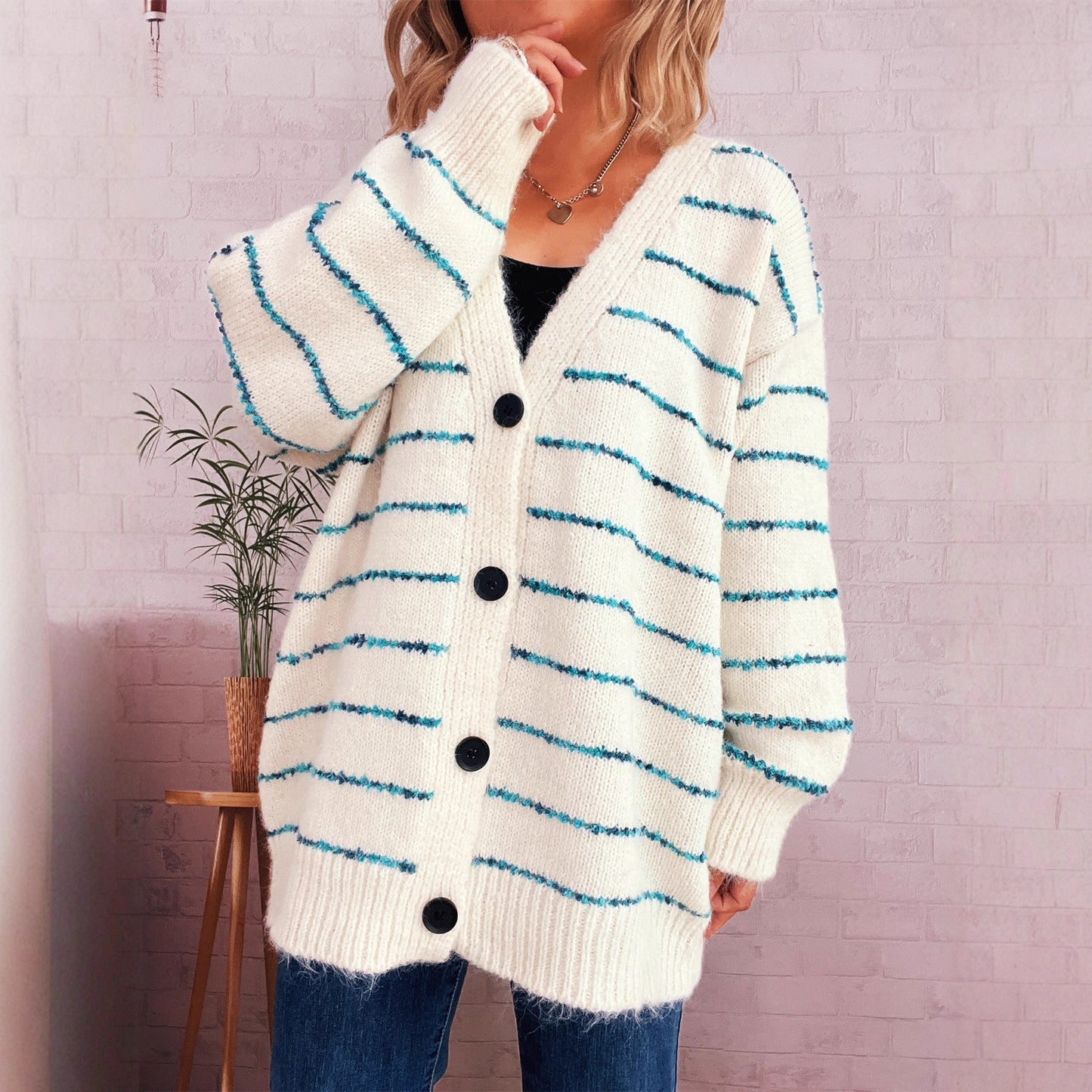 Retro Loose Striped Contrast Color Single-breasted Long Knitted Cardigan Sweater