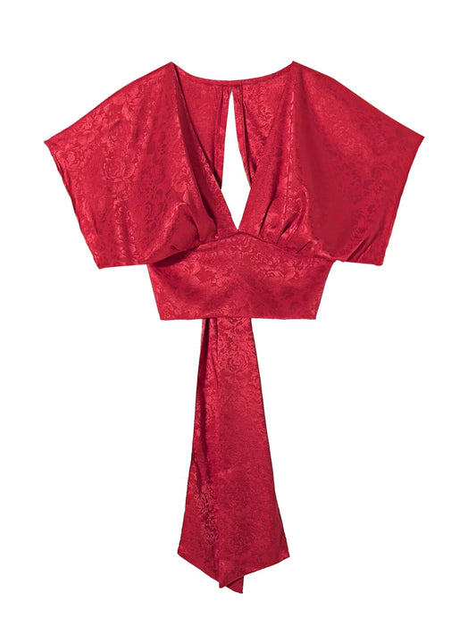 V-neck Bow Top With Exposed Navel And Tie Up Shirt