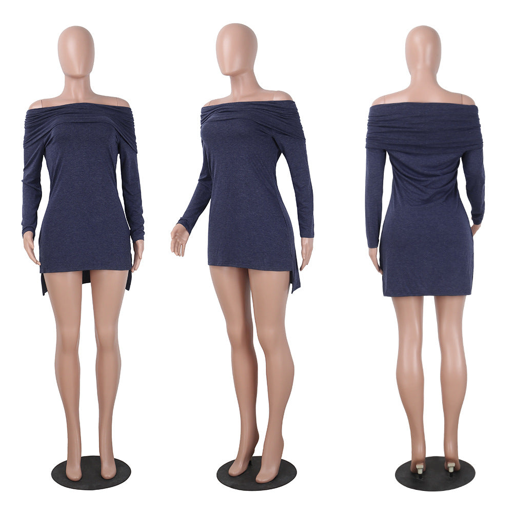 K8397 European And American Sexy One-word With Hat Long Sleeve Short Front And Long Back Hem Nightclub
