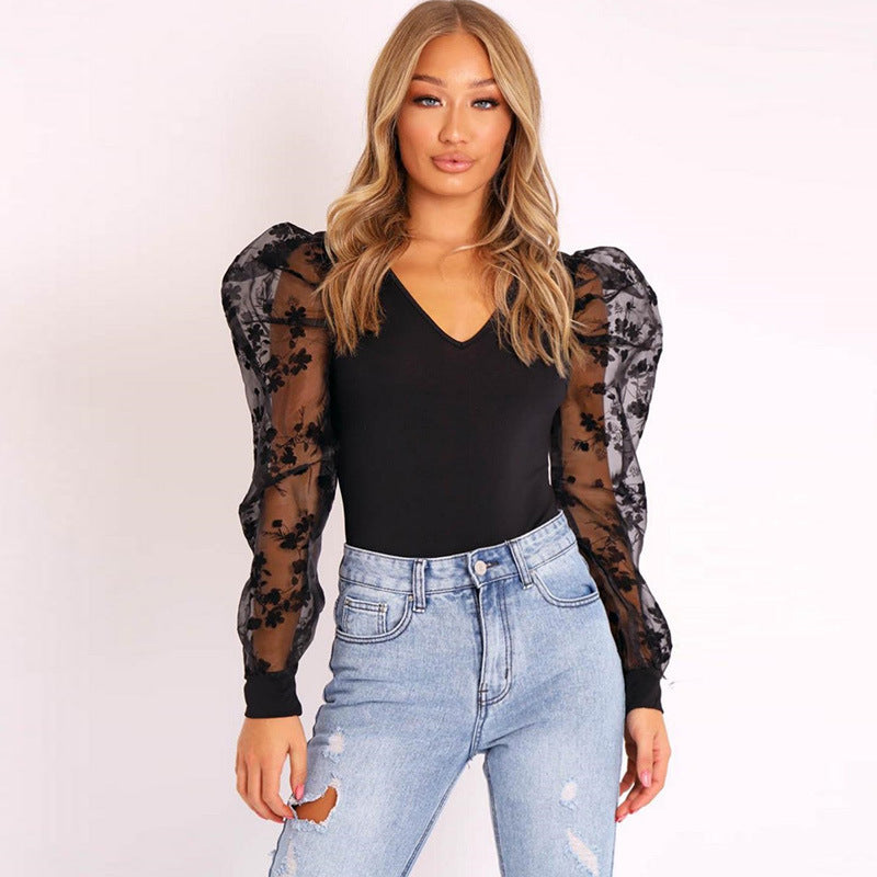 Women's mesh embroidered long-sleeved slim V-neck jumpsuit