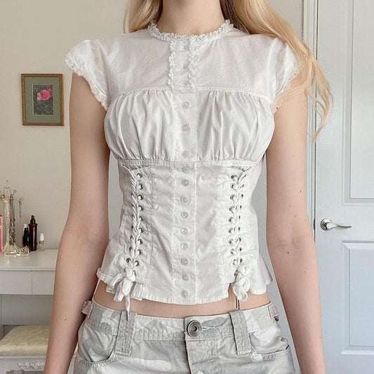 Lace Patchwork Round Neck Shirt For Women