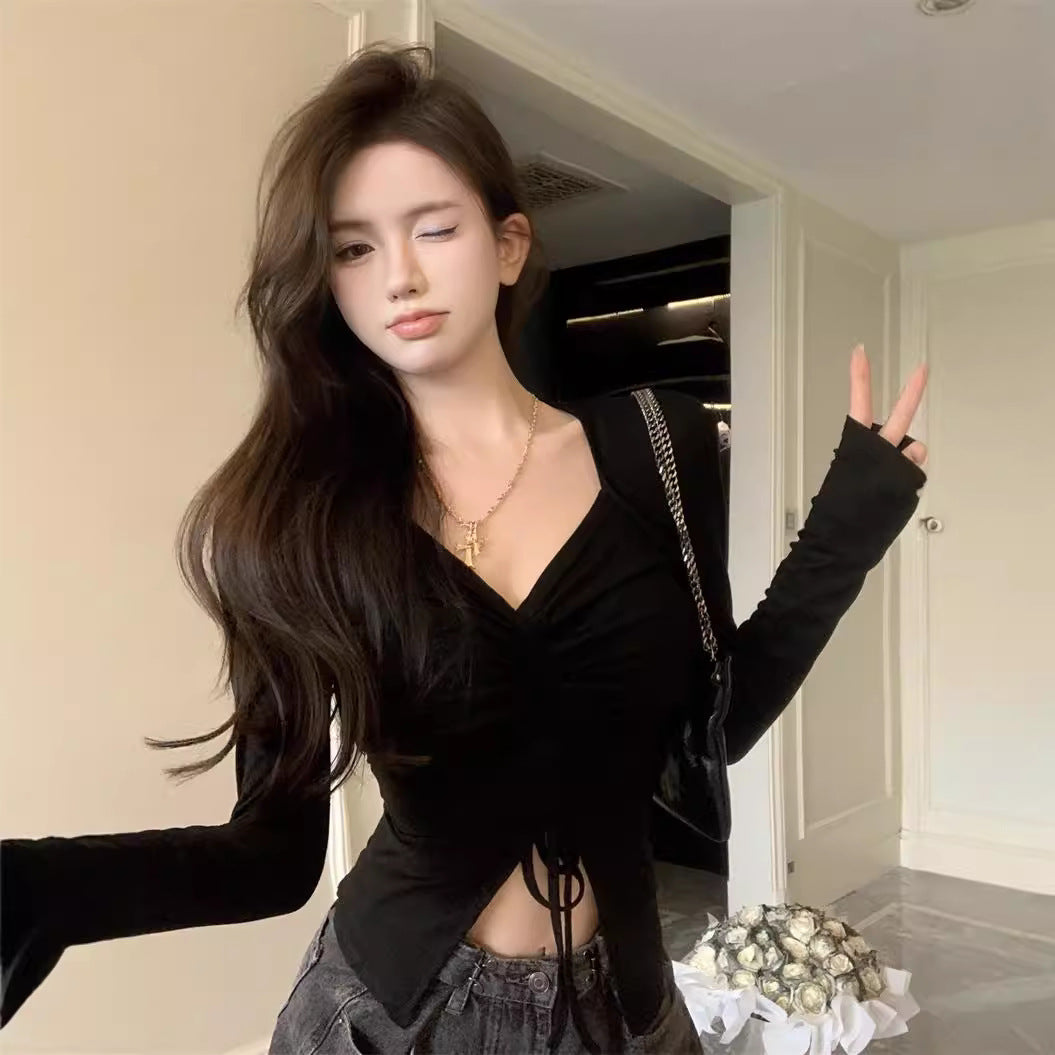 Split Hem Drawstring Waist Fitted Design Long Sleeve T-shirt
