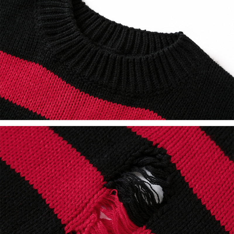 Lovers Ripped Sweater Knitted Round Neckline, Color Matching Outer Wear