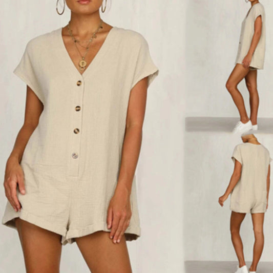 European And American Fashion Button V-neck Loose Short Sleeve One-piece