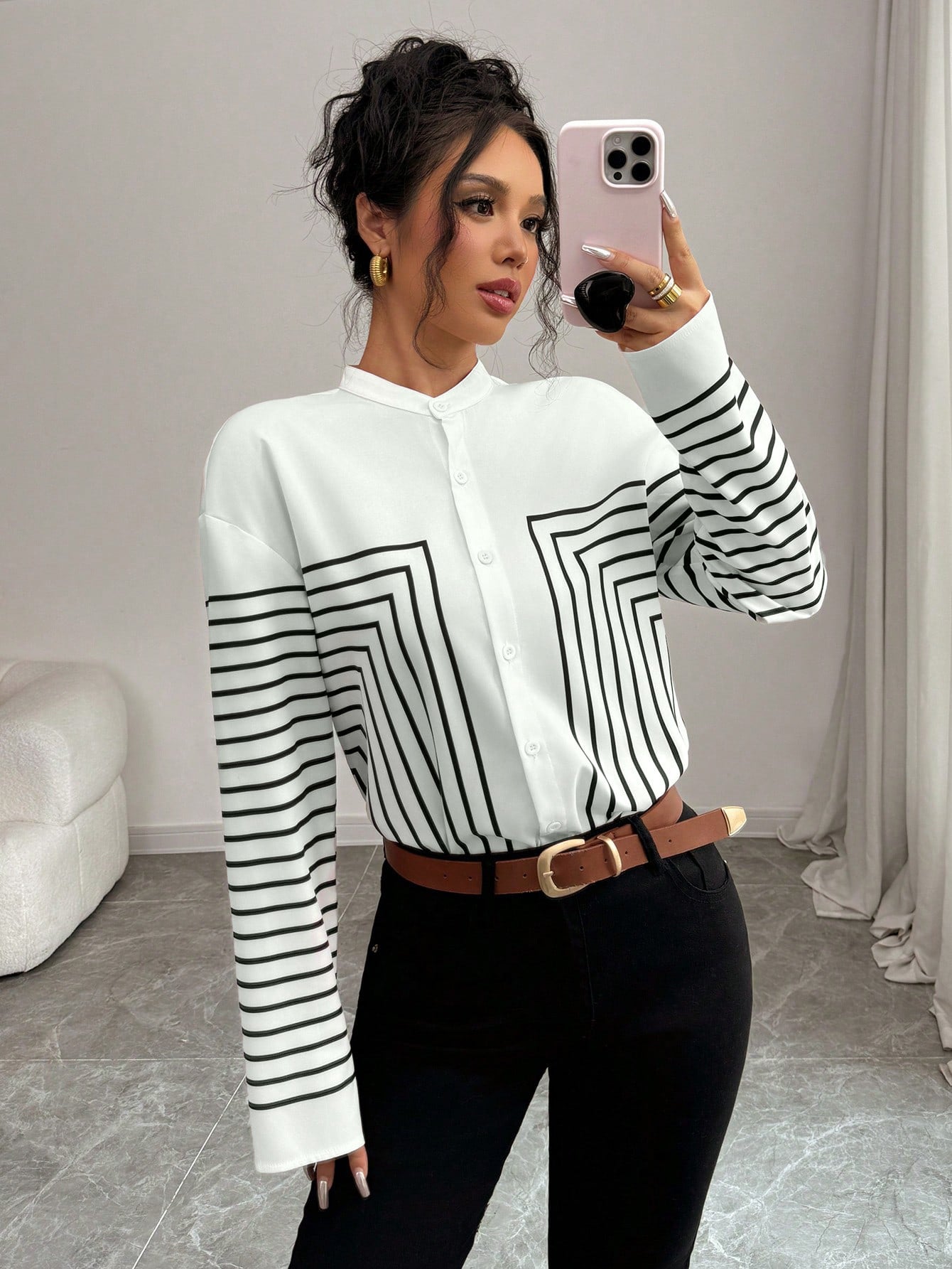 Women's Contrasting-Color Printed Single-Breasted Striped Shirt
