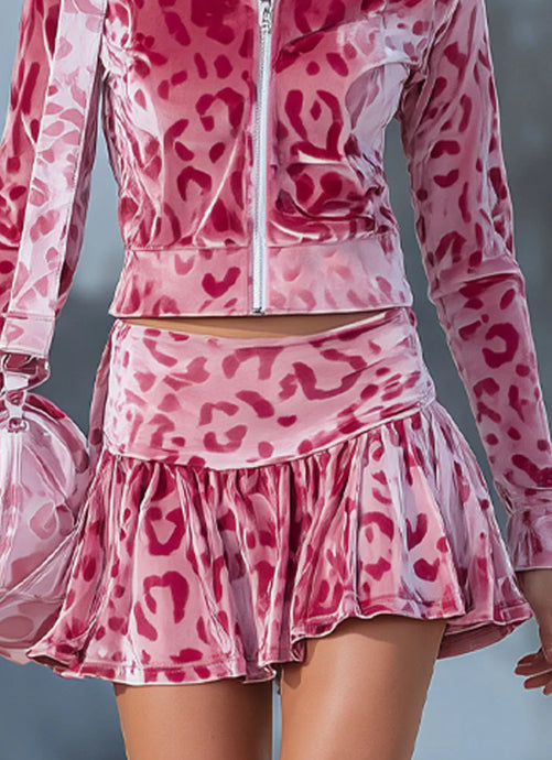 Pink Leopard Print Jacket And Velvet Skirt Set