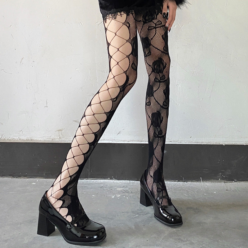 Black Side Mesh Vintage Rose Sexy Cutout Stockings