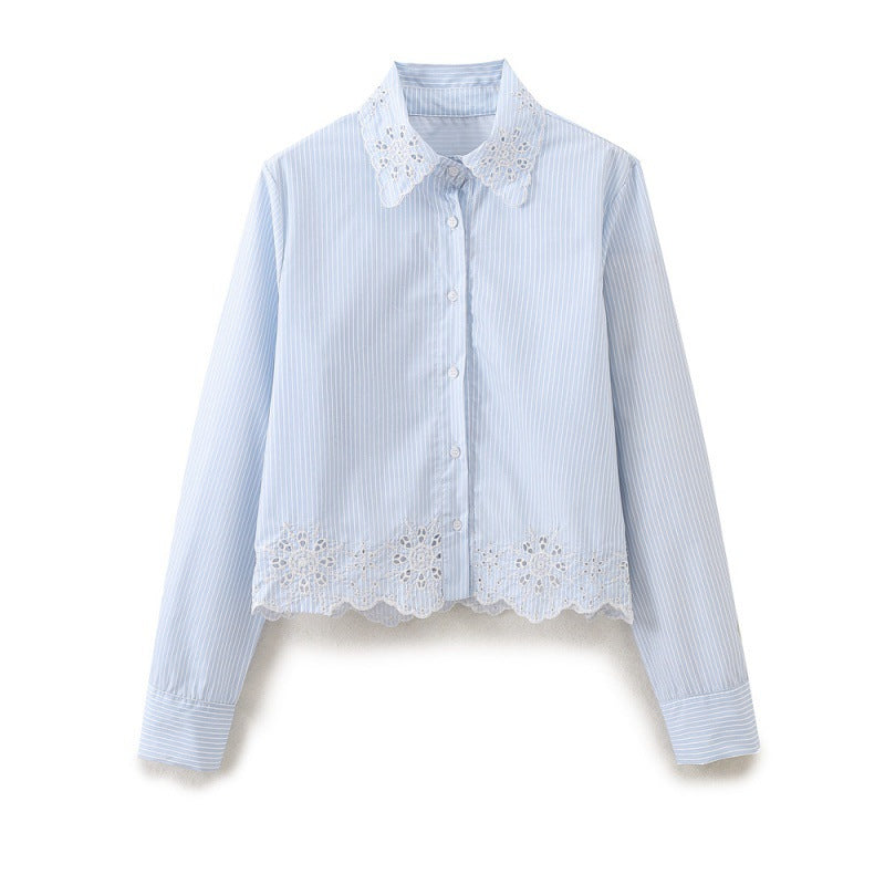 European And American Style Fashion All-match Hollow Embroidered Stripes Short Shirt