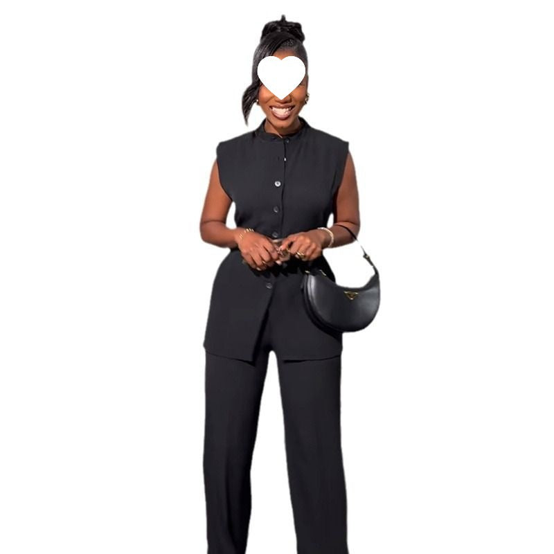 Featuring A Mandarin-collar Button-front Sleeveless Top And Wide-leg Pants