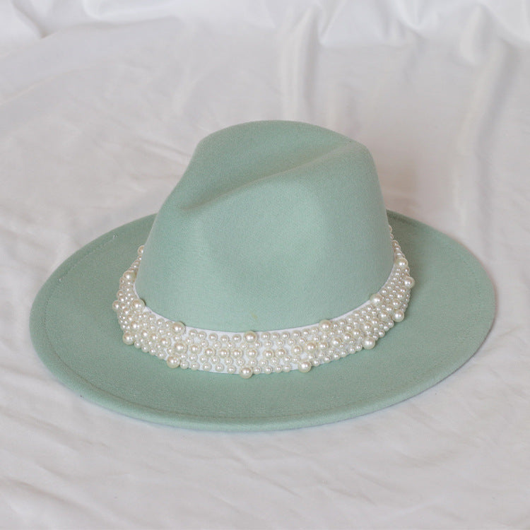Handmade Pearl Top Hat Big Brim Fur Felt Hat