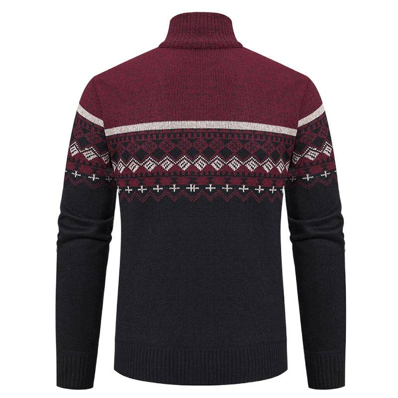 Men's Casual Stand-collar Sweater Coat With Fleece Lining And Color-blocking Design