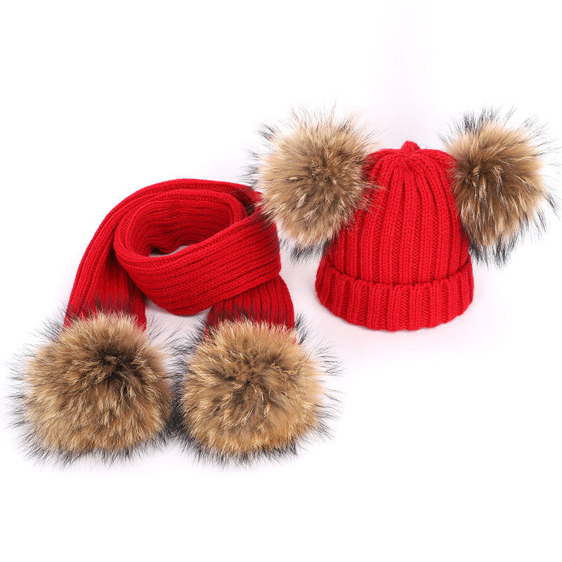 Men's And Women's Thickened Raccoon Fur Ball Knitted Ear  Set