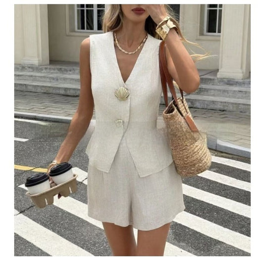 Womens Fashion Casual Solid-Color V-Neck Sleeveless Tank Top And Shorts Set