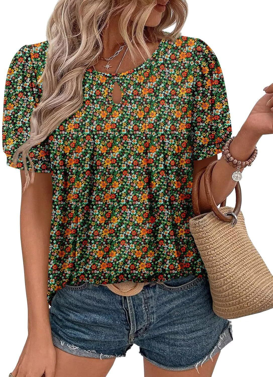 Rundhalset T-shirt til kvinder med blomsterprint