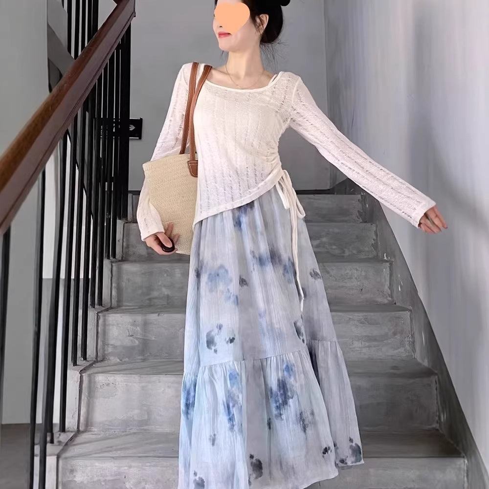 French-style Irregular Tie-Dye Dress And Skirt Set For Women