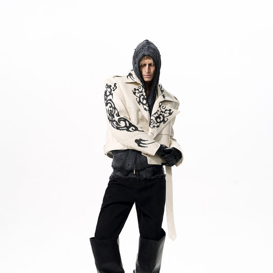 Lapel Pu Handsome Sequins Cropped Leather Coat Men